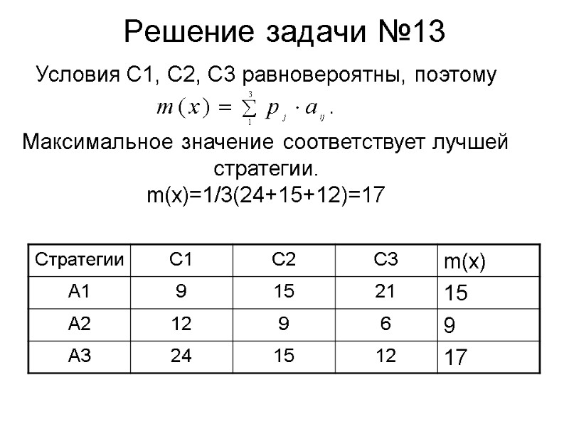 Решение задачи №13 Условия С1, С2, С3 равновероятны, поэтому  Максимальное значение соответствует лучшей